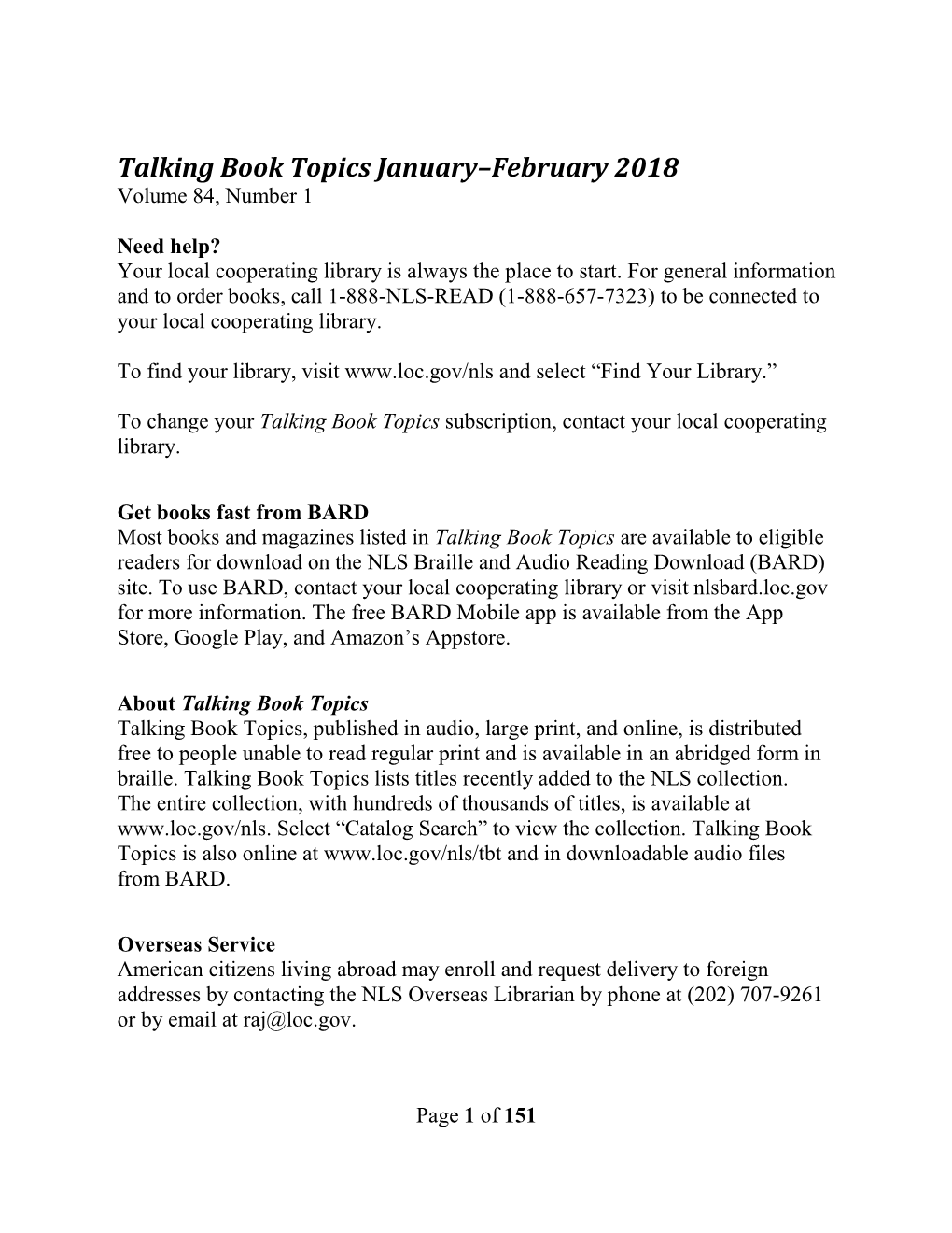 Talking Book Topics January-February 2018