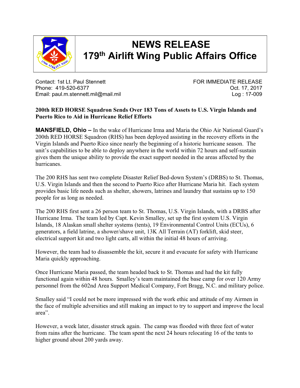 NEWS RELEASE 179Th Airlift Wing Public Affairs Office