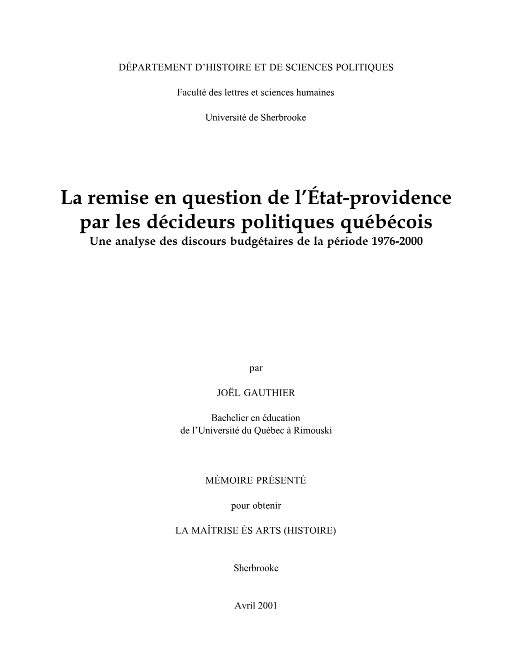 La Remise En Question De L'état-Providence Par Les Décideurs