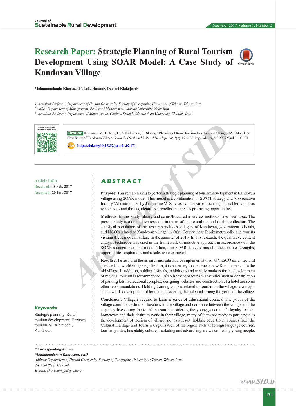 Strategic Planning of Rural Tourism Development Using SOAR Model: a Case Study of Crossmark Kandovan Village