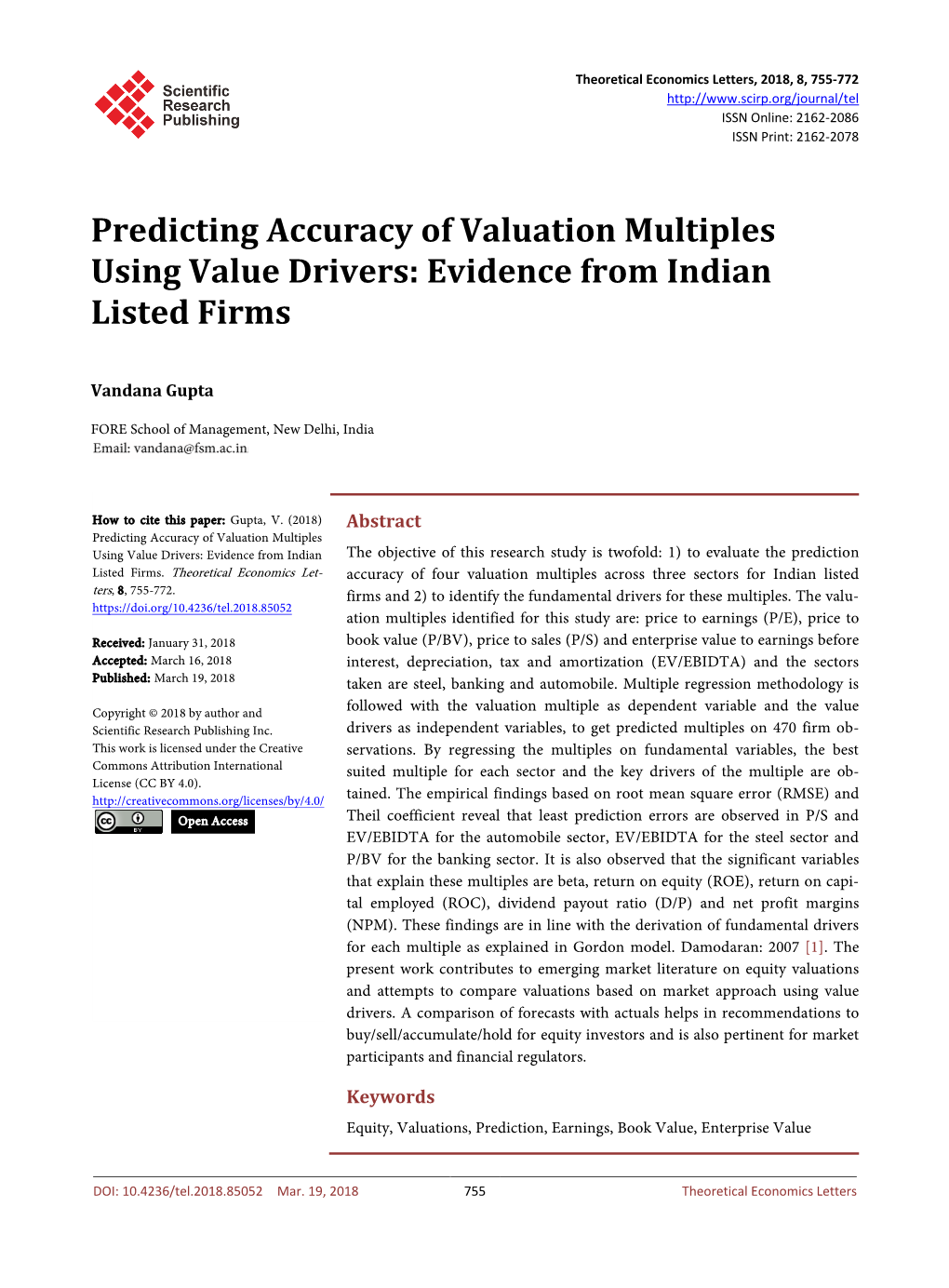 Predicting Accuracy of Valuation Multiples Using Value Drivers: Evidence from Indian Listed Firms