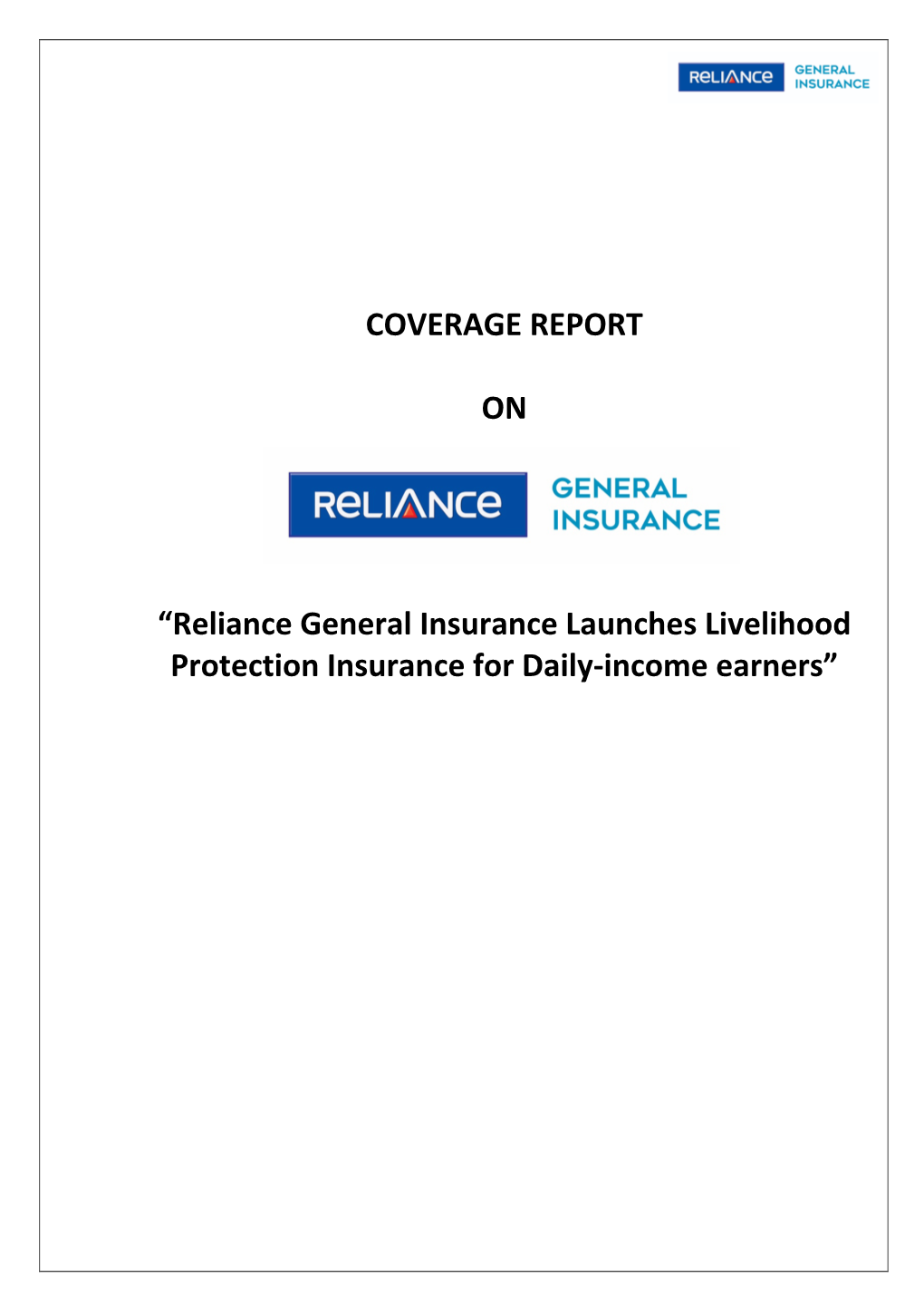 Reliance General Insurance Launches Livelihood Protection Insurance for Daily-Income Earners”