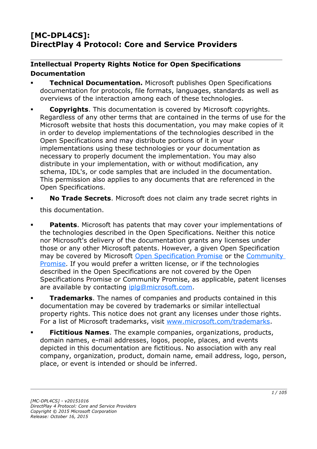 Directplay 4 Protocol: Core and Service Providers