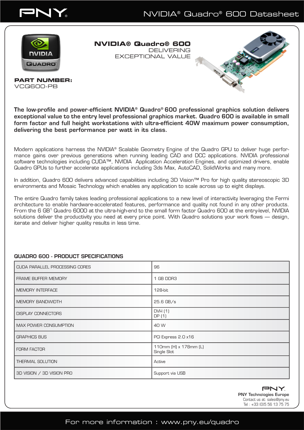 NVIDIA® Quadro® 600 Datasheet