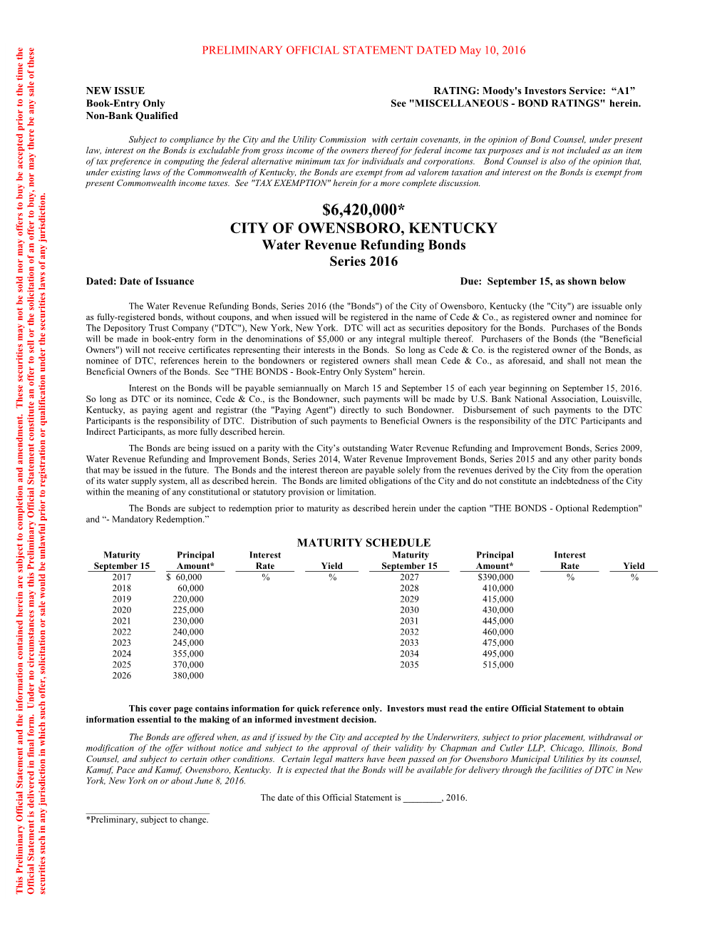 CITY of OWENSBORO, KENTUCKY Water Revenue Refunding Bonds Series 2016