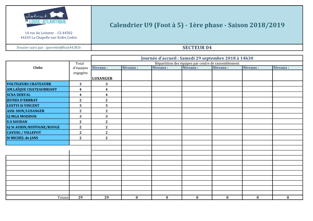 Calendrier U9 (Foot À 5) - 1Ère Phase - Saison 2018/2019 14 Rue Du Leinster - CS 44502 44245 La Chapelle-Sur-Erdre Cedex