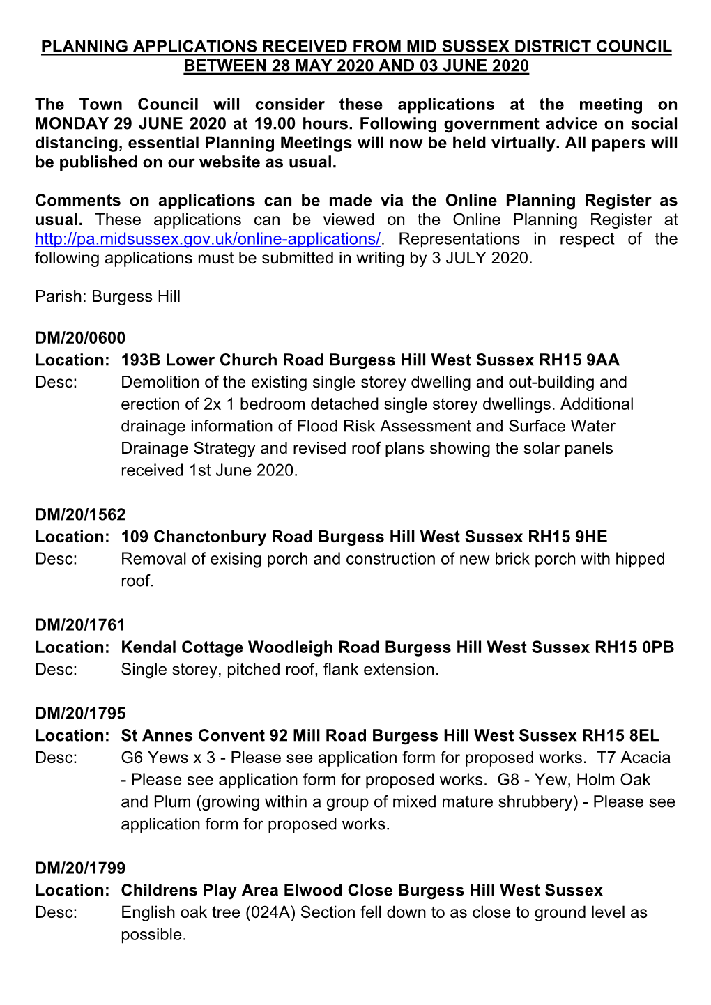 Planning Applications Received from Mid Sussex District Council Between 28 May 2020 and 03 June 2020