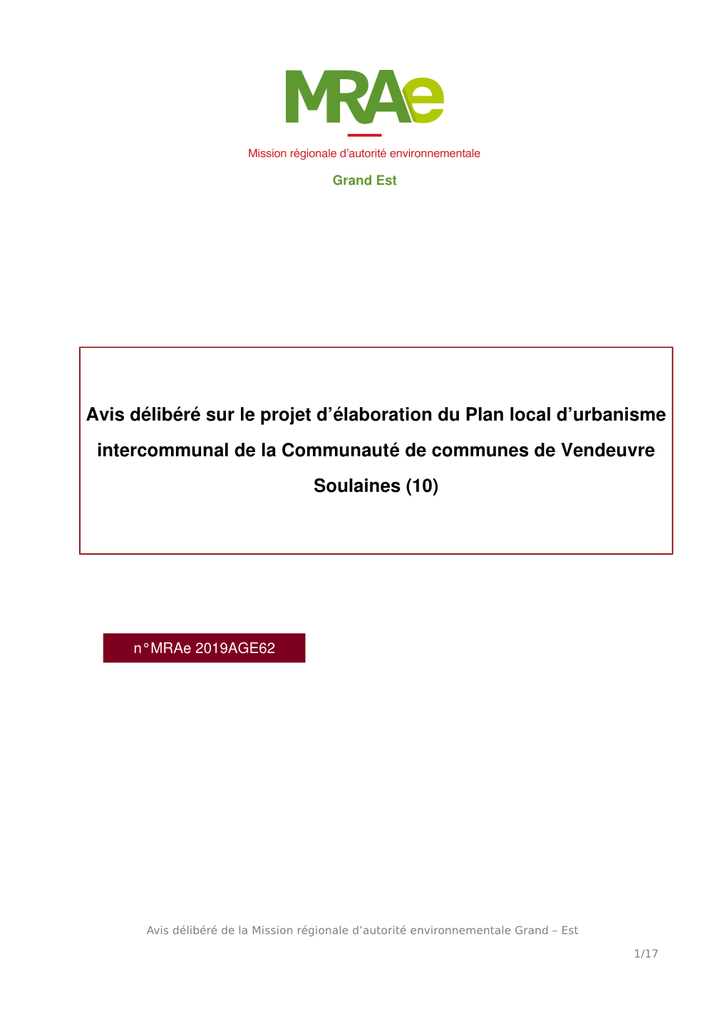 Avis Délibéré Sur Le Projet D'élaboration Du Plan Local D