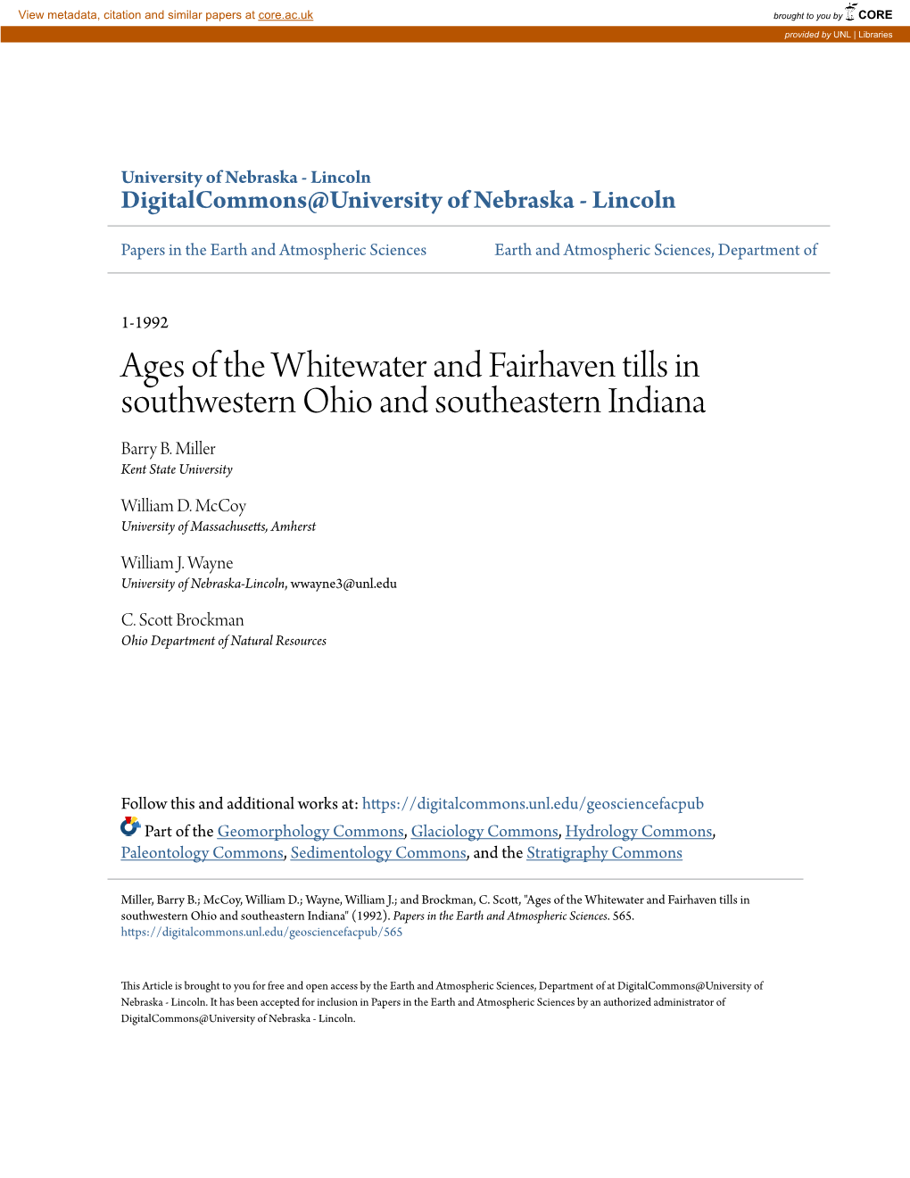 Ages of the Whitewater and Fairhaven Tills in Southwestern Ohio and Southeastern Indiana Barry B