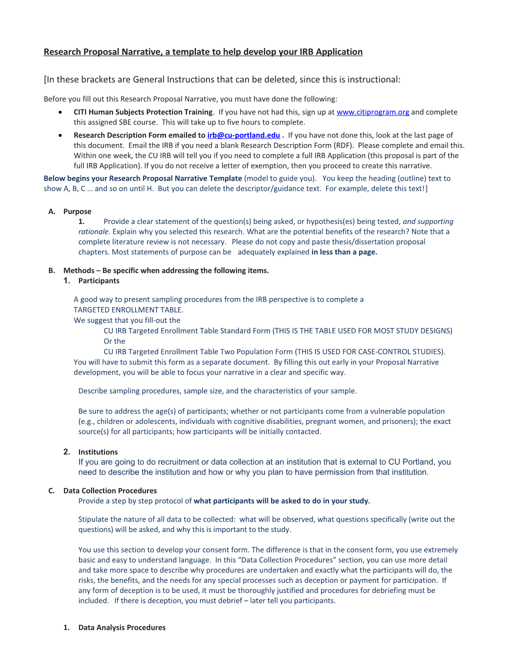 Research Proposal Narrative, a Template to Help Develop Your IRB Application