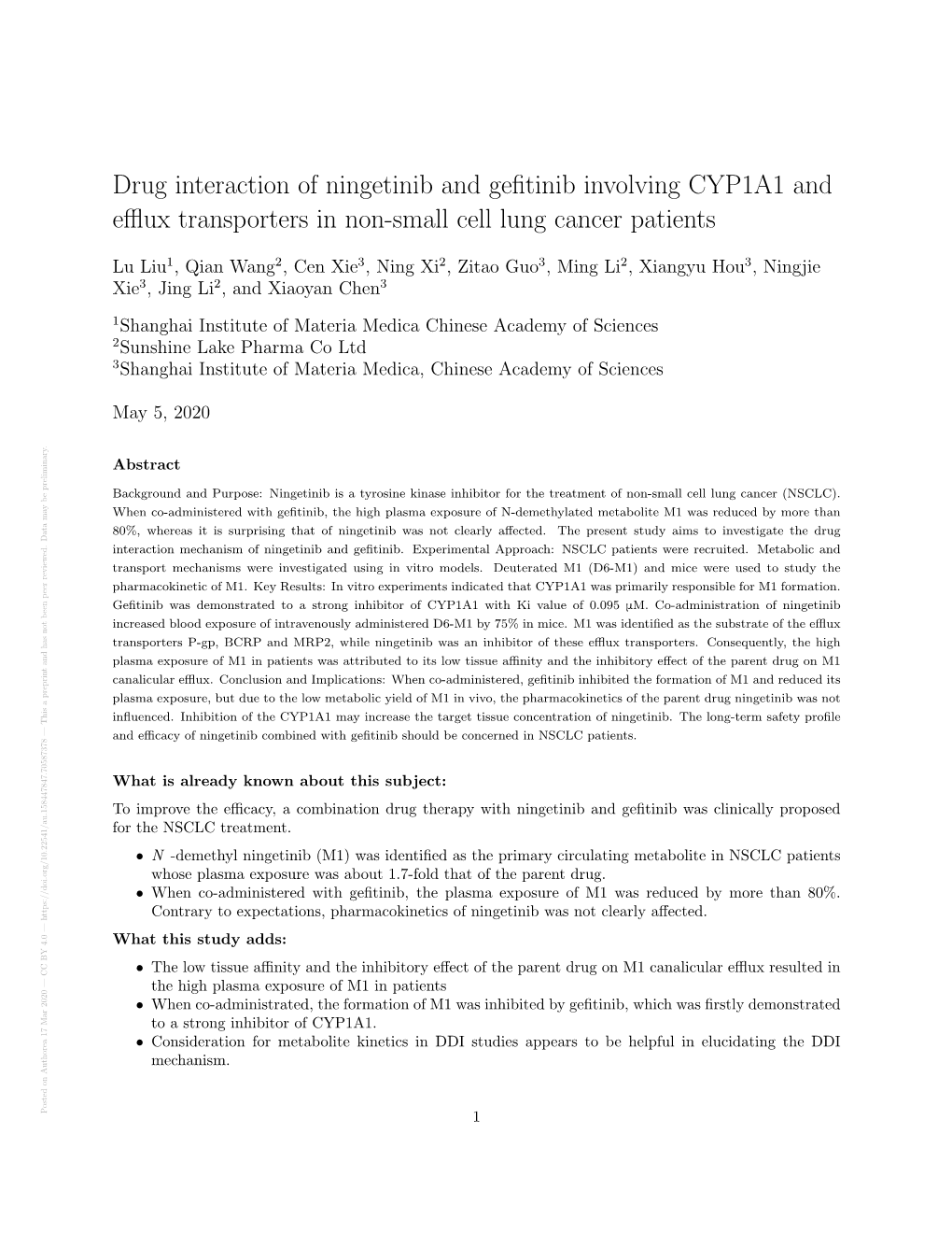 Drug Interaction of Ningetinib and Gefitinib Involving CYP1A1 And