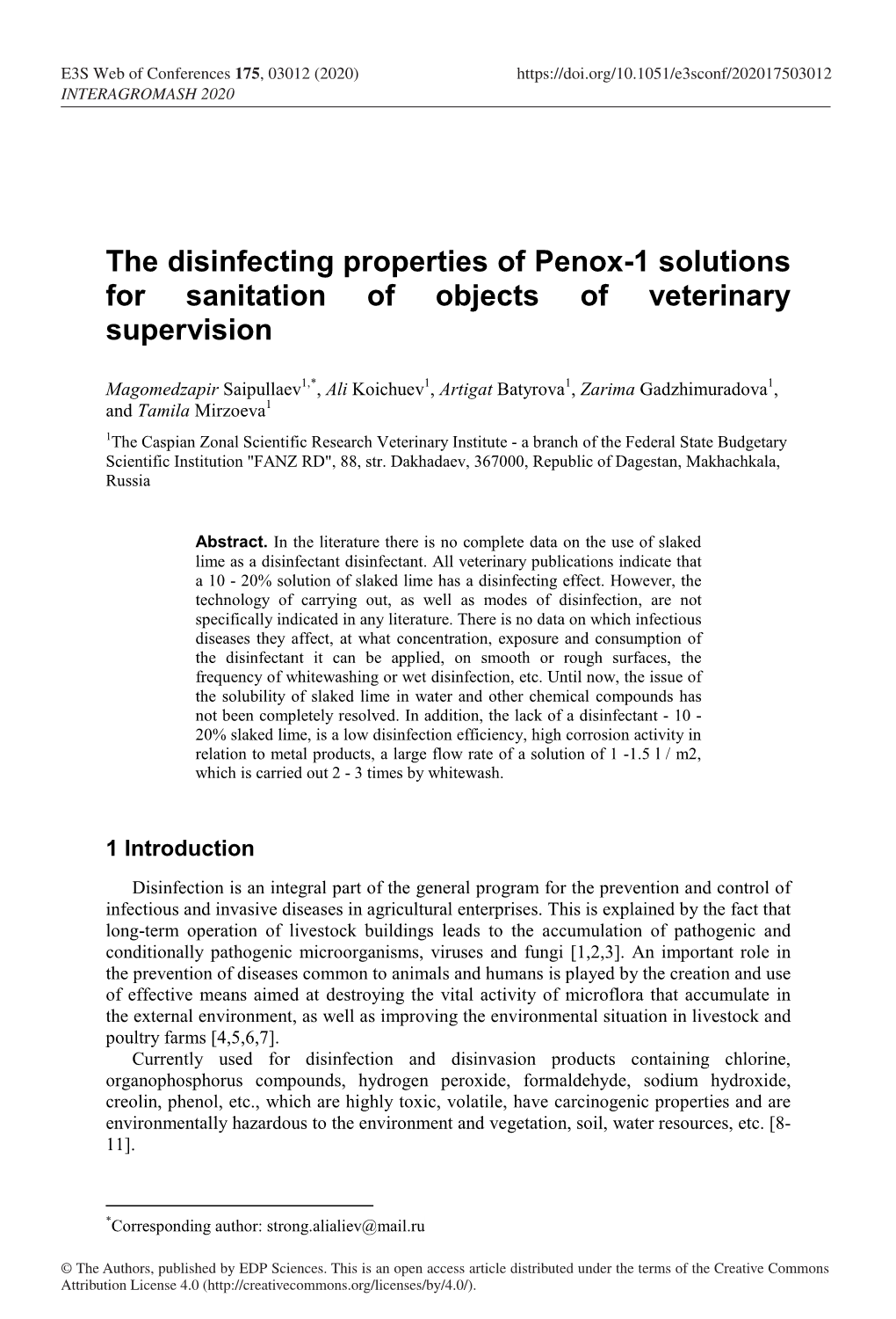 The Disinfecting Properties of Penox-1 Solutions for Sanitation of Objects of Veterinary Supervision