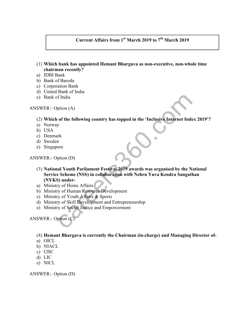 Current Affairs from 1St March 2019 to 7Th March 2019 (1) Which Bank Has Appointed Hemant Bhargava As Non-Executive, Non-Whole T