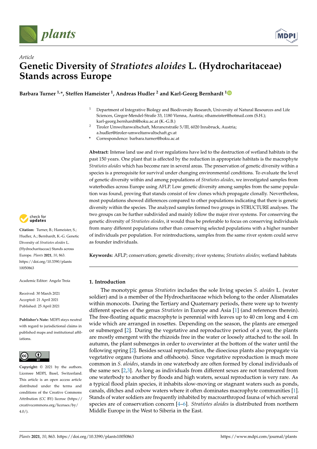 Genetic Diversity of Stratiotes Aloides L. (Hydrocharitaceae) Stands Across Europe