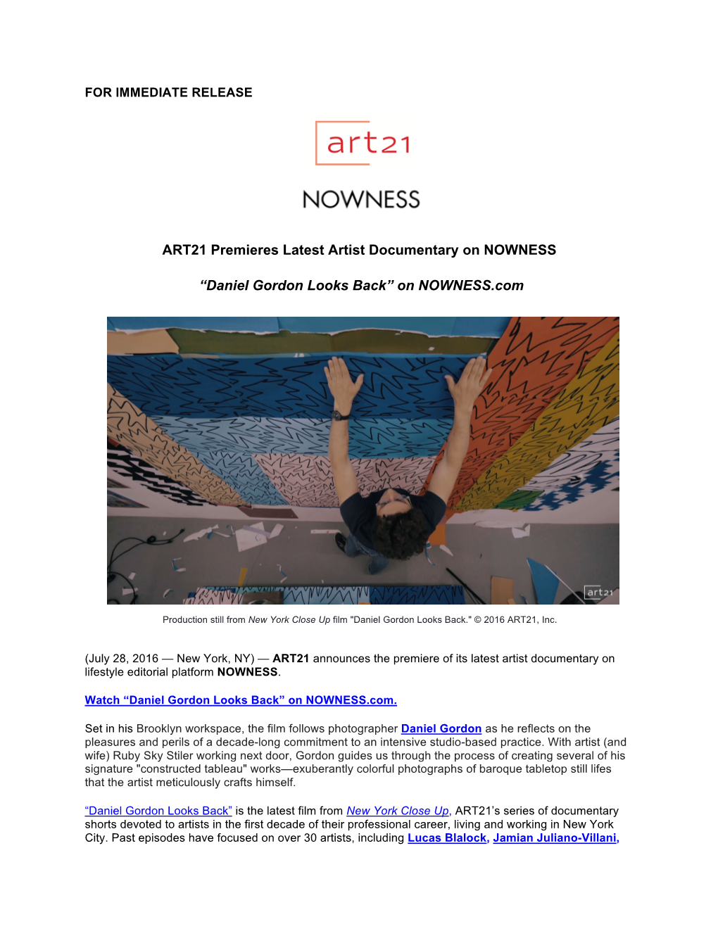 ART21 Premieres Latest Artist Documentary on NOWNESS “Daniel Gordon Looks Back” on NOWNESS.Com
