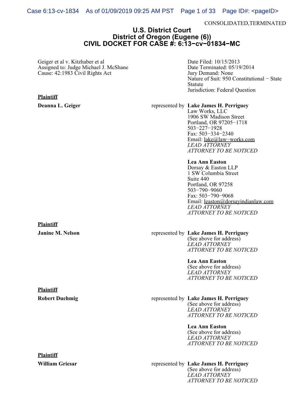 Case 6:13-Cv-1834 As of 01/09/2019 09:25 AM PST Page 1 of 33 Page ID