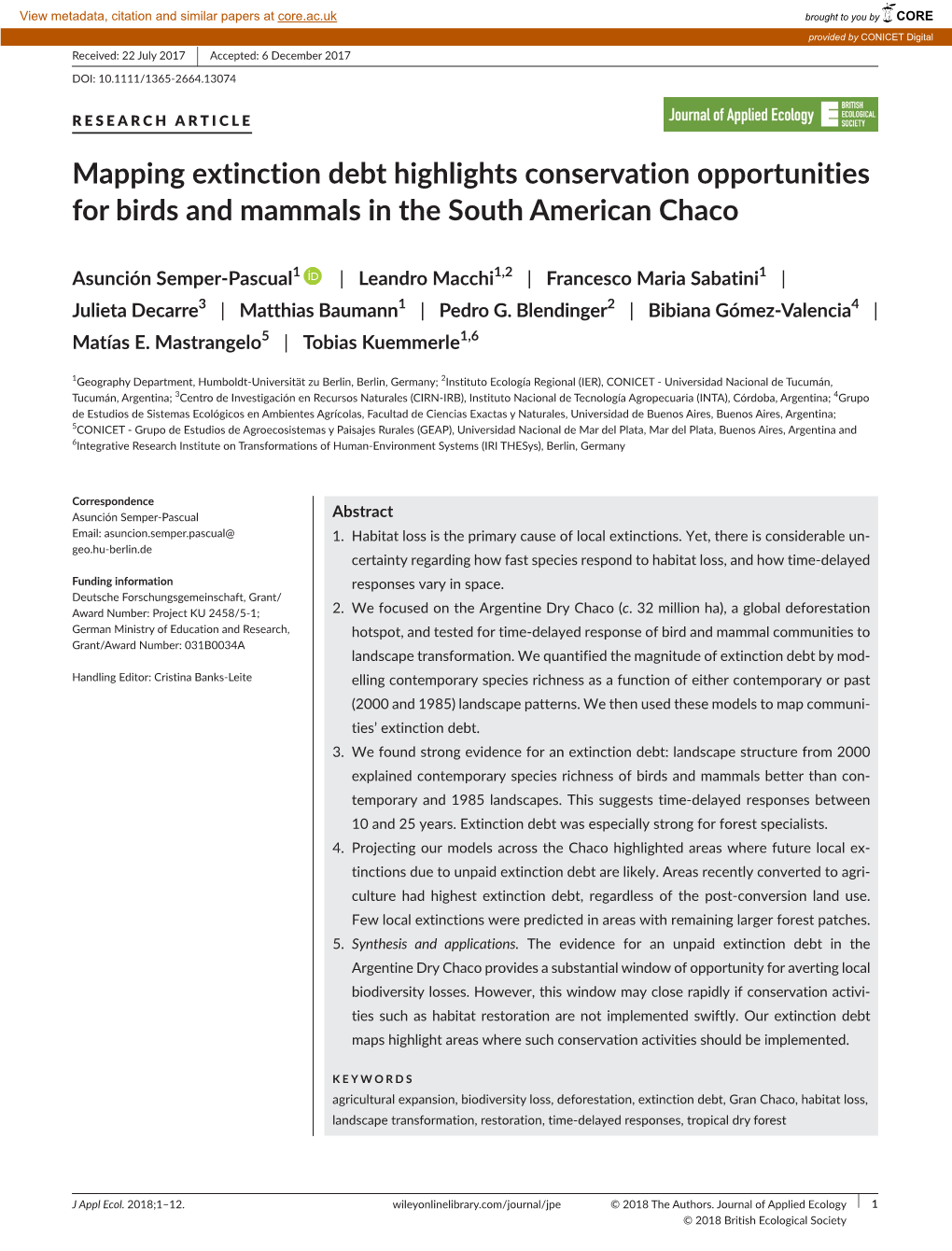 Mapping Extinction Debt Highlights Conservation Opportunities for Birds and Mammals in the South American Chaco