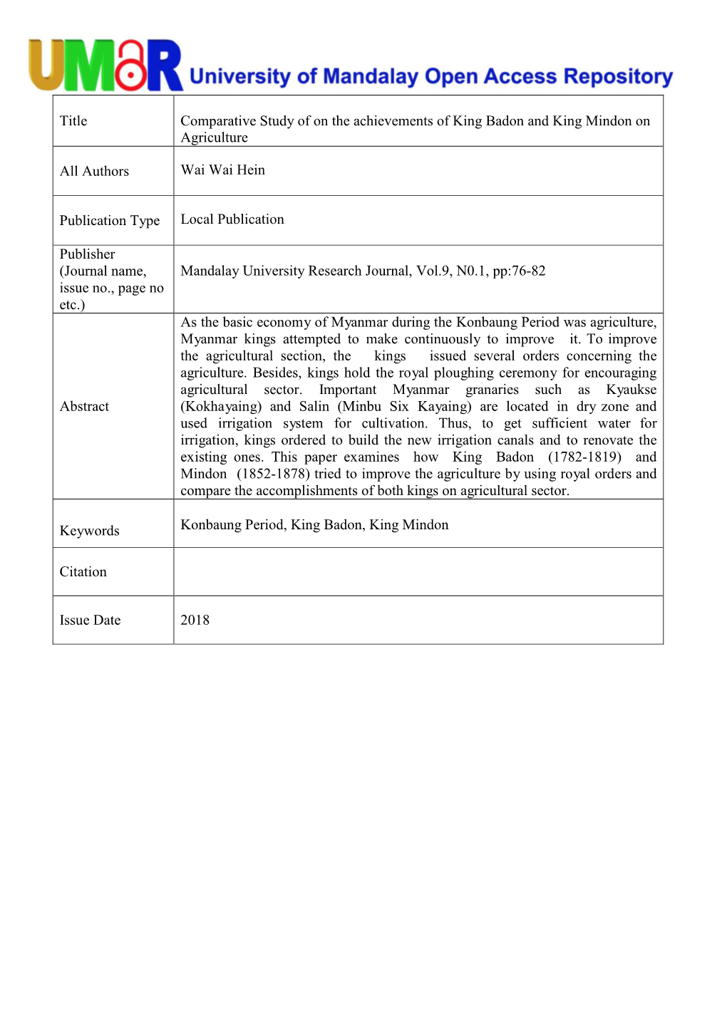 Title Comparative Study of on the Achievements of King Badon and King Mindon on Agriculture