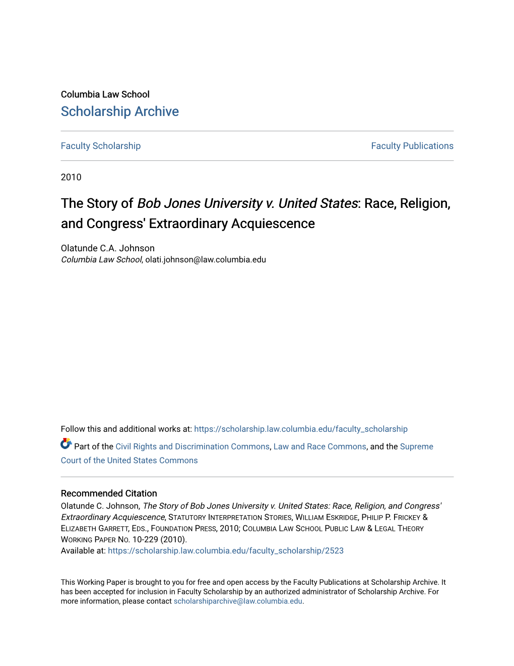 The Story of <I>Bob Jones University V. United States</I>: Race, Religion, and Congress' Extraordinary Acquiesce