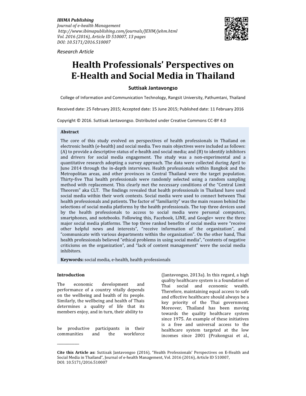 Health Professionals' Perspectives on E-Health and Social Media in Thailand