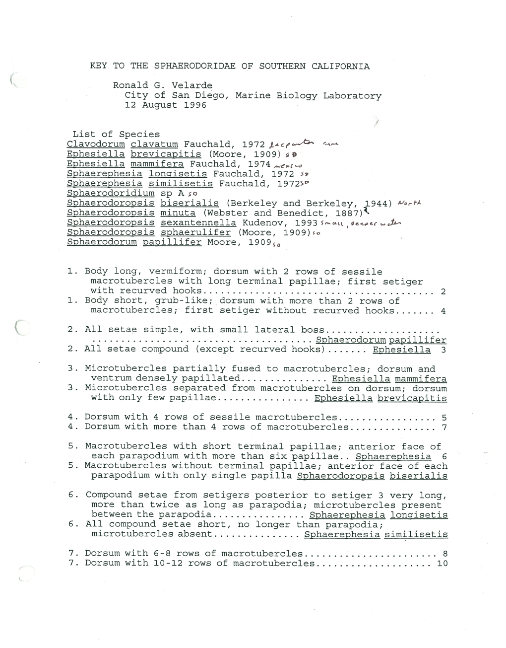 KEY to the SPHAERODORIDAE of SOUTHERN CALIFORNIA Ronald G