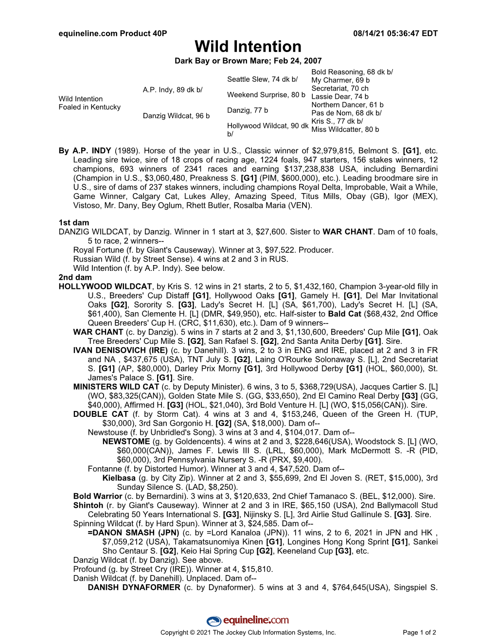 Wild Intention Dark Bay Or Brown Mare; Feb 24, 2007 Bold Reasoning, 68 Dk B/ Seattle Slew, 74 Dk B/ My Charmer, 69 B A.P