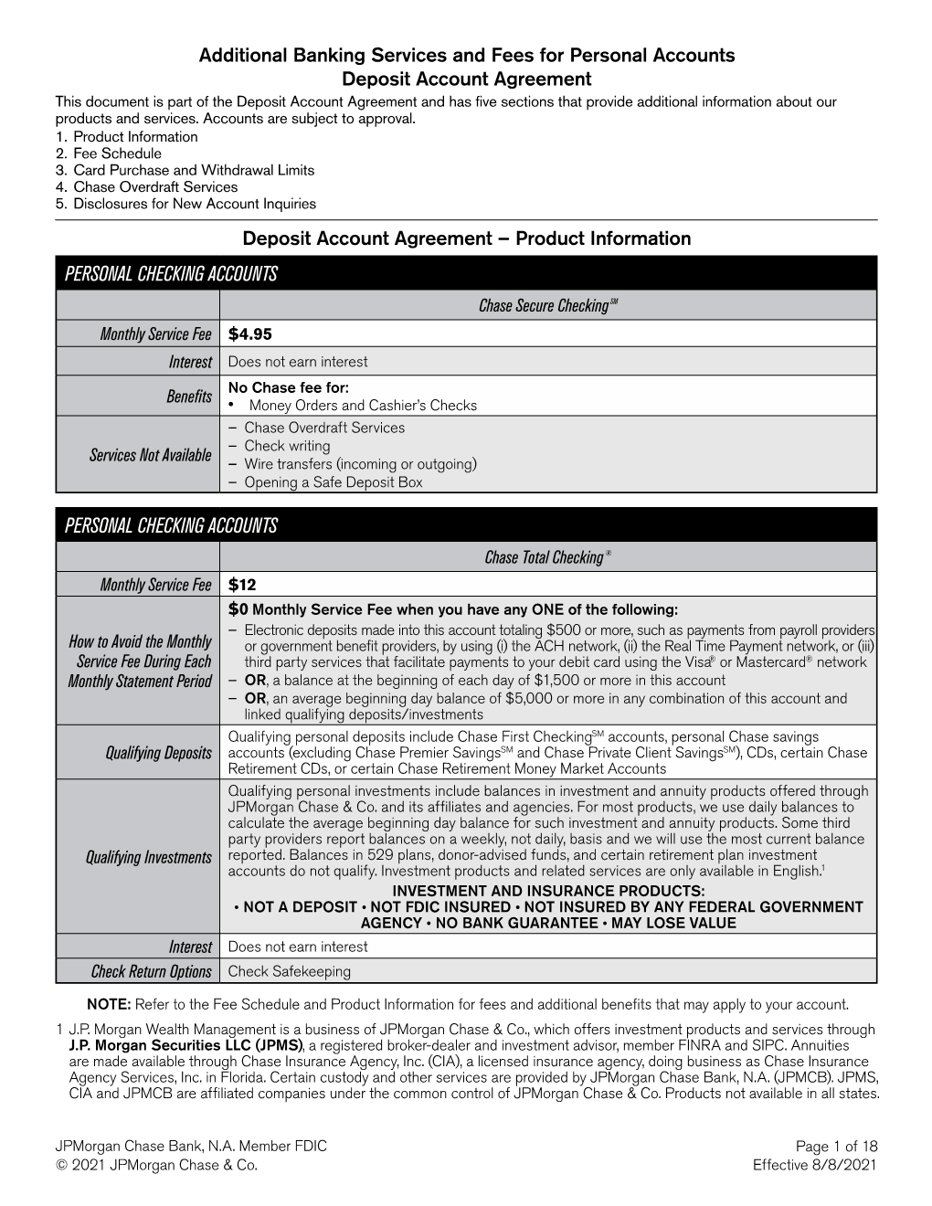 Additional Banking Services and Fees for Personal Accounts