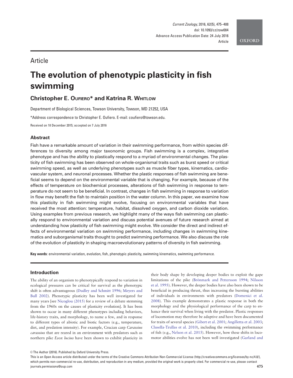 The Evolution of Phenotypic Plasticity in Fish Swimming
