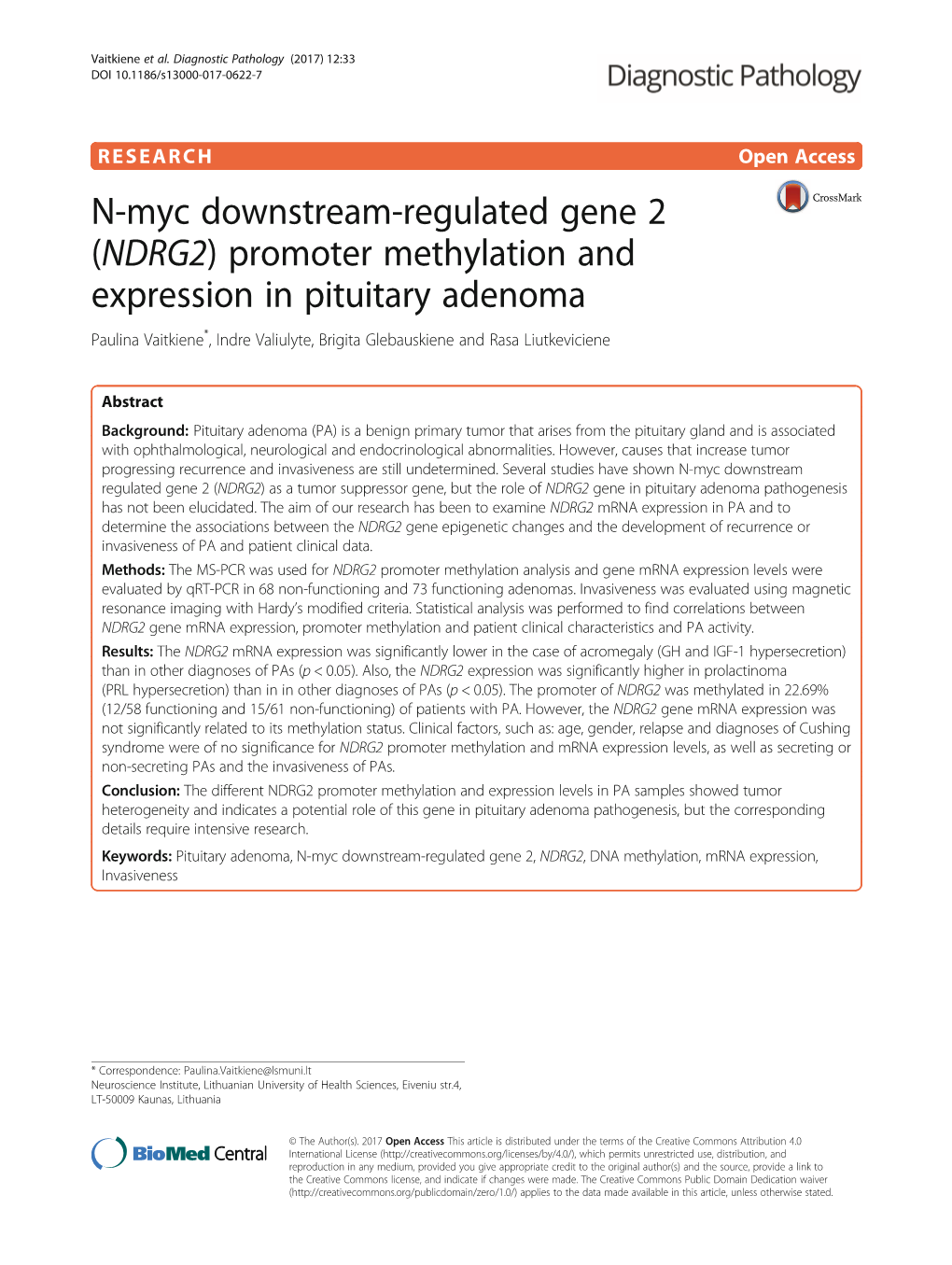 N-Myc Downstream-Regulated Gene 2 (NDRG2) Promoter Methylation And