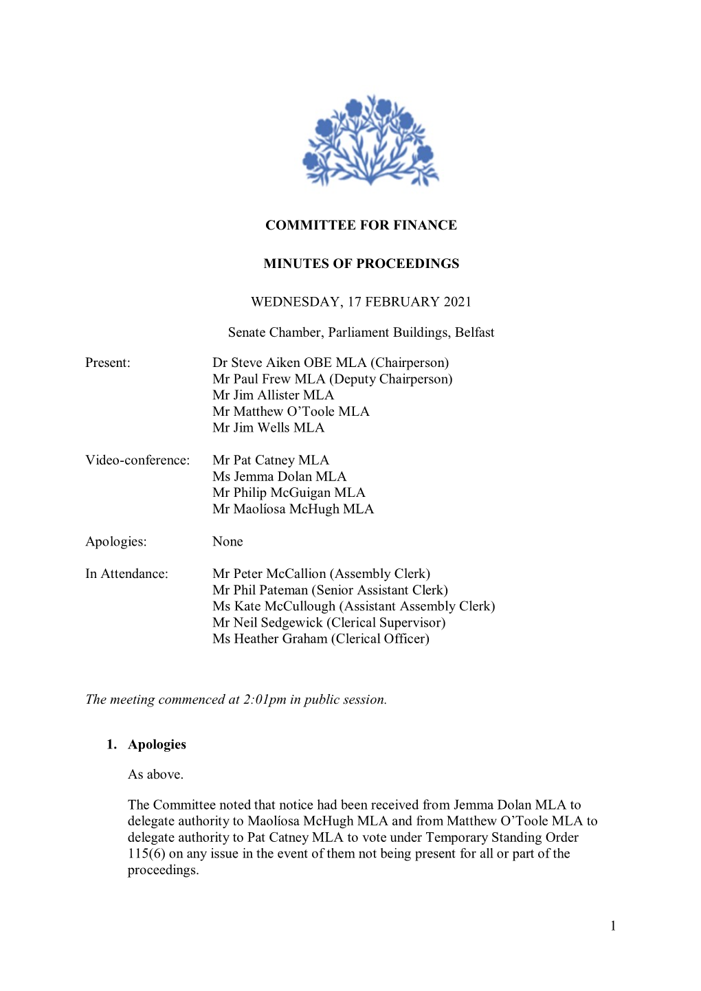 1 Committee for Finance Minutes of Proceedings