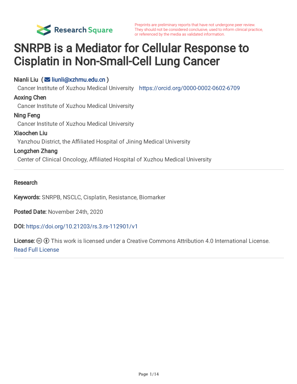 SNRPB Is a Mediator for Cellular Response to Cisplatin in Non-Small-Cell Lung Cancer