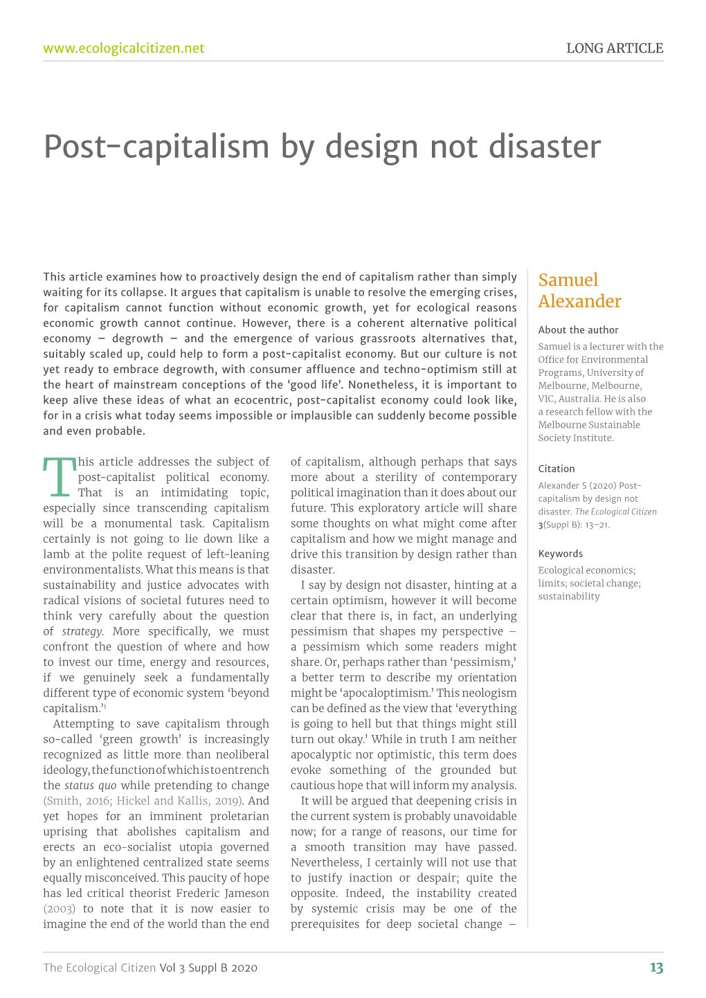 Post-Capitalism by Design Not Disaster