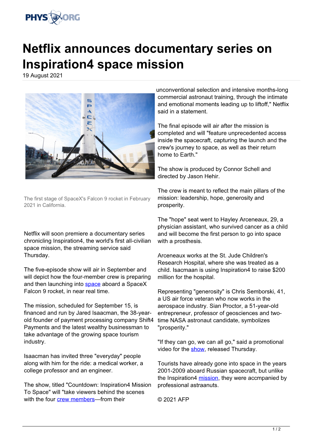 Netflix Announces Documentary Series on Inspiration4 Space Mission 19 August 2021