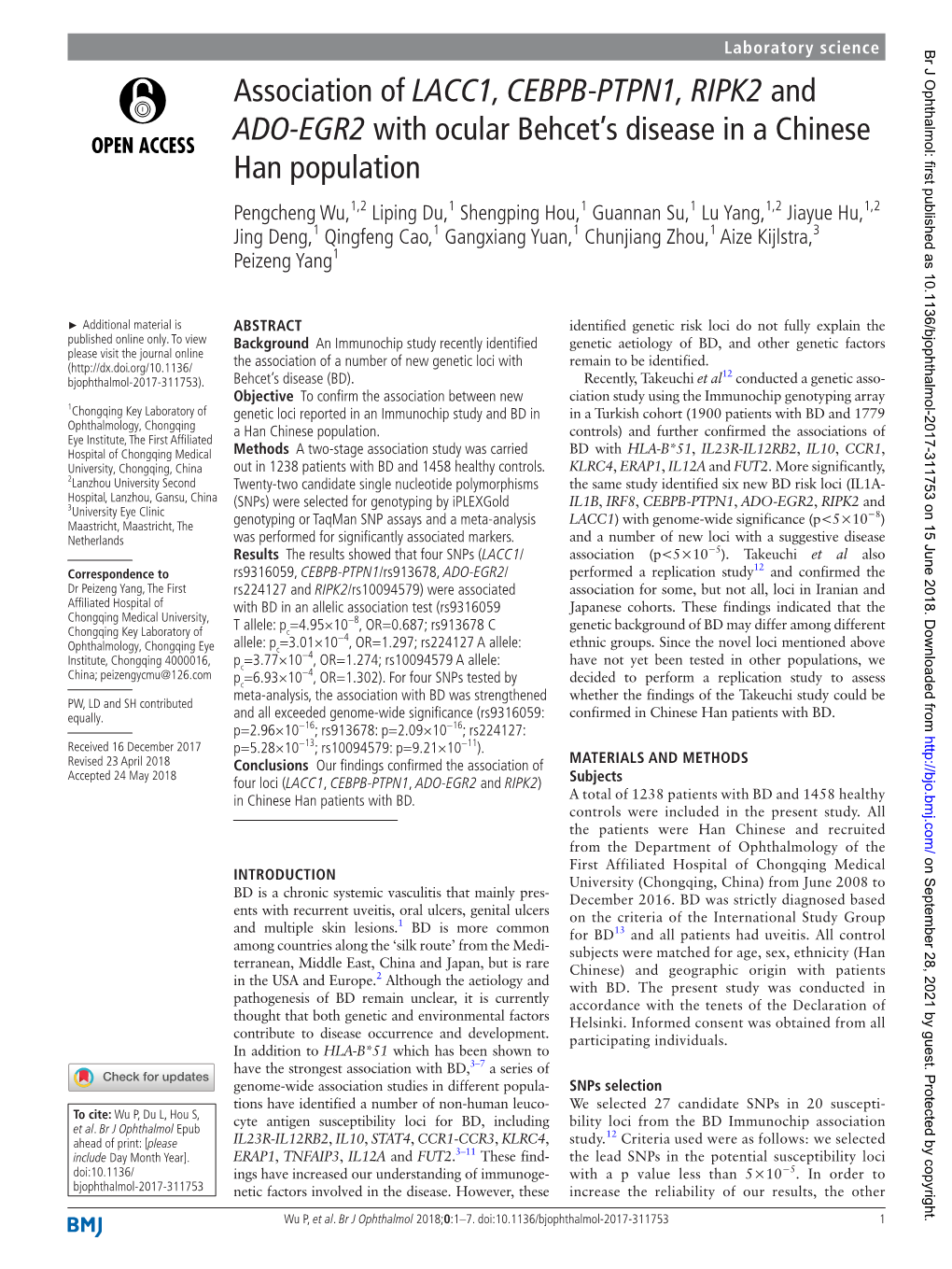 Association of LACC1, CEBPB-PTPN1, RIPK2 and ADO-EGR2 with Ocular Behcet's Disease in a Chinese Han Population