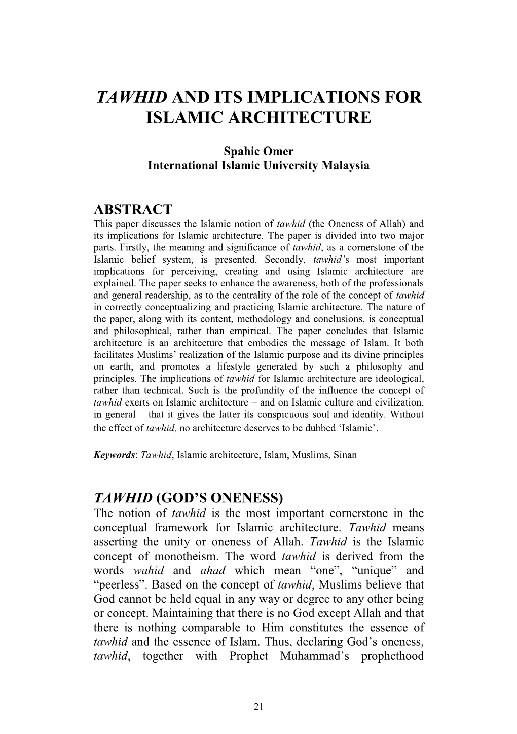 Tawhid and Its Implications for Islamic Architecture