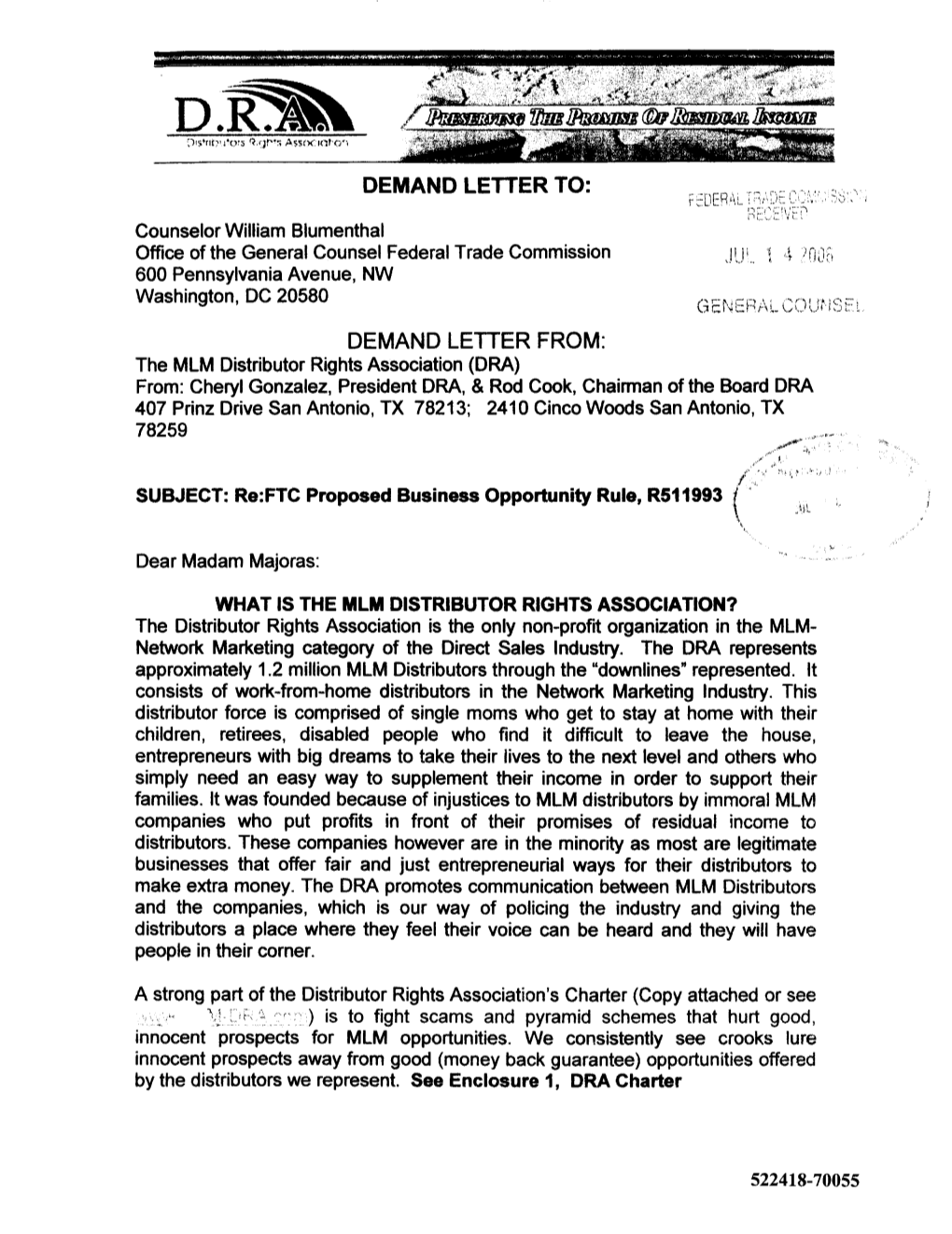 Counselor William Blumenthal Office of the General Counsel Federal Trade Commission 600 Pennsylvania Avenue, NW Washington, DC 20580