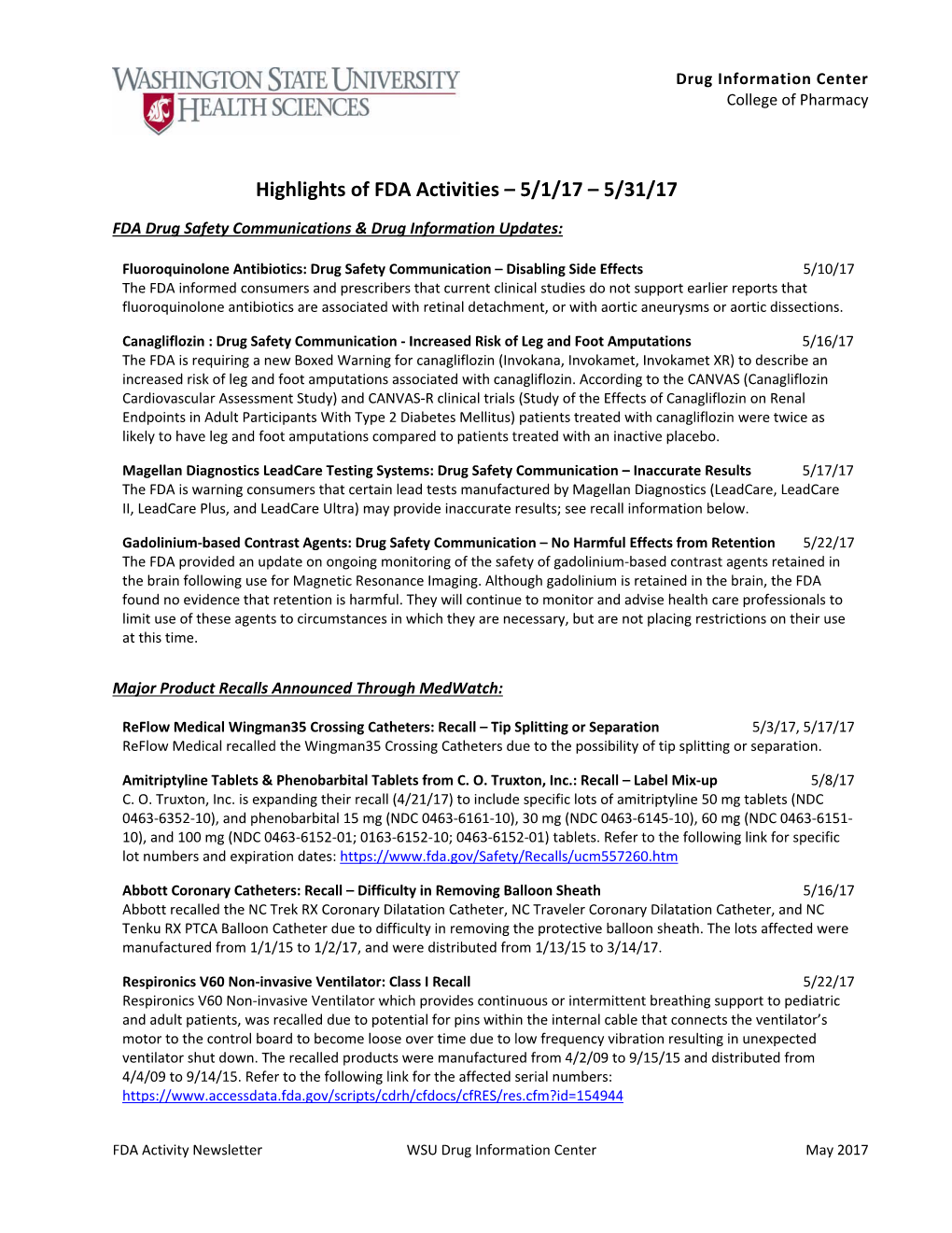 Highlights of FDA Activities – 5/1/17 – 5/31/17
