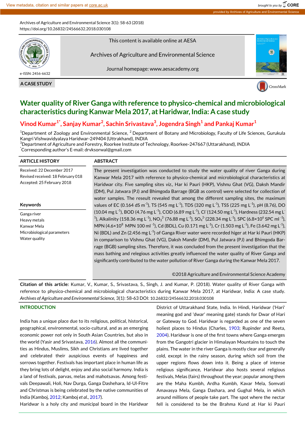 Water Quality of River Ganga with Reference to Physico-Chemical and Microbiological Characteristics During Kanwar Mela 2017, At