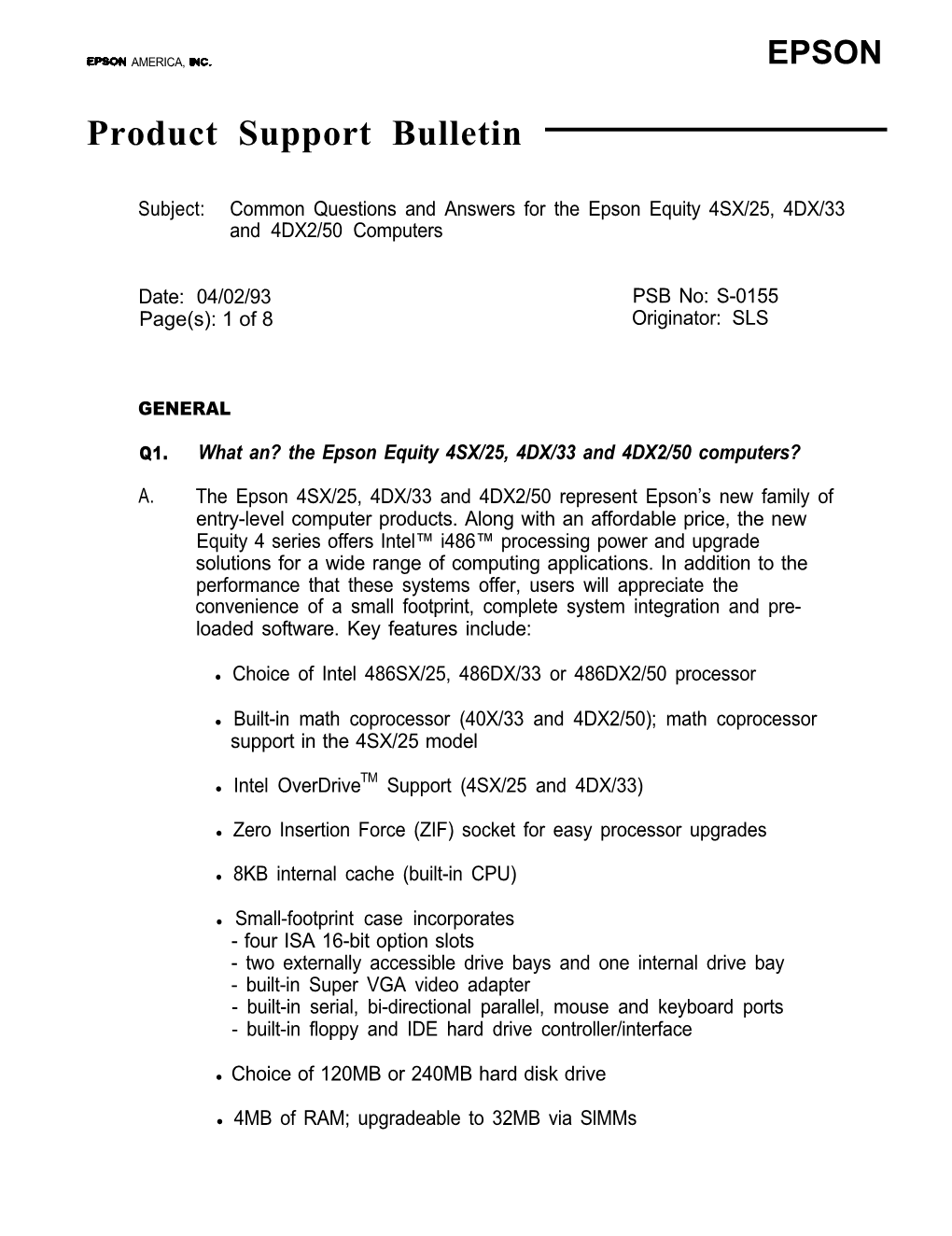 Equity 4SX/25, 4DX/33 and 4DX2/50 Computers