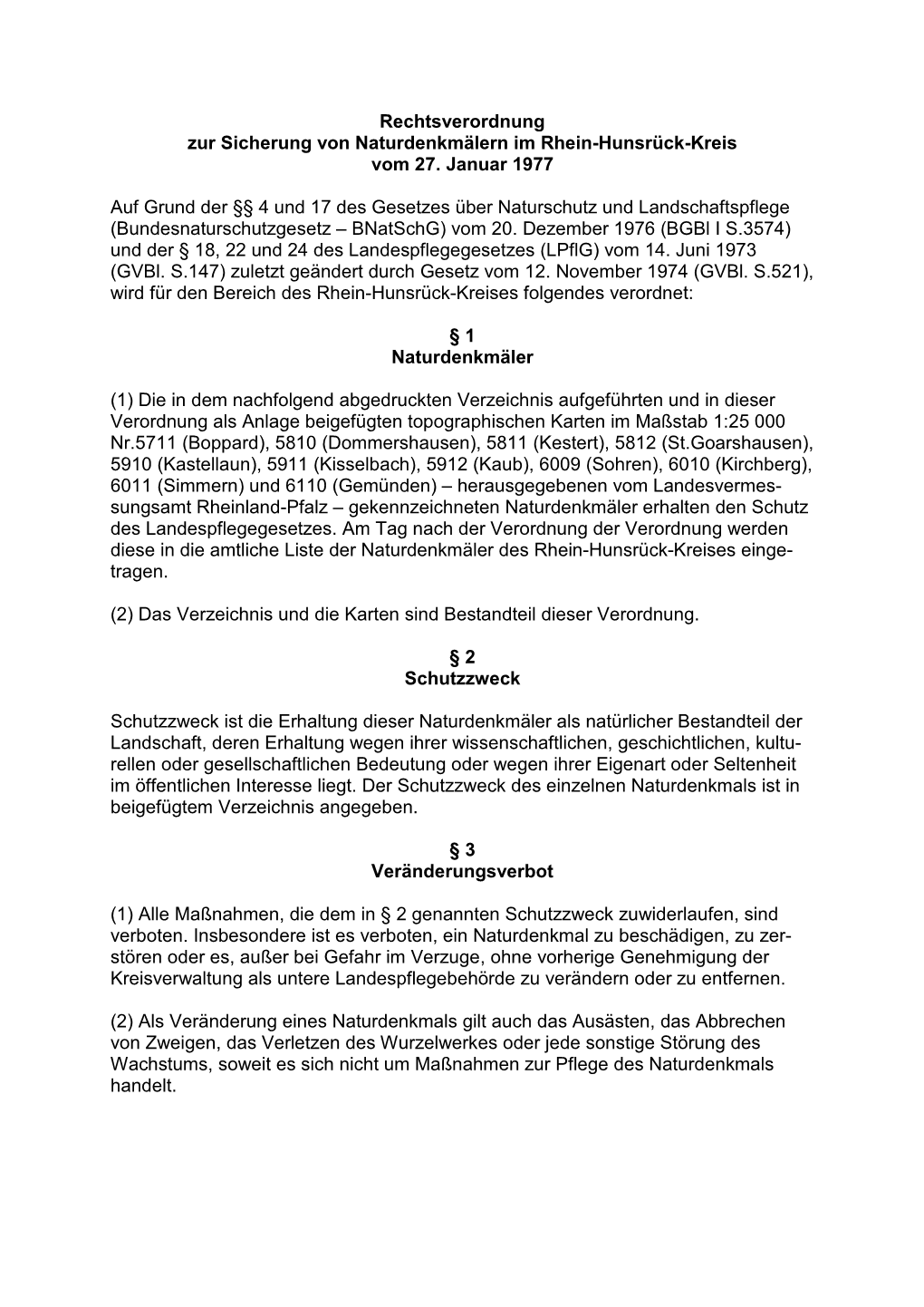 Rechtsverordnung Zur Sicherung Von Naturdenkmälern Im Rhein-Hunsrück-Kreis Vom 27