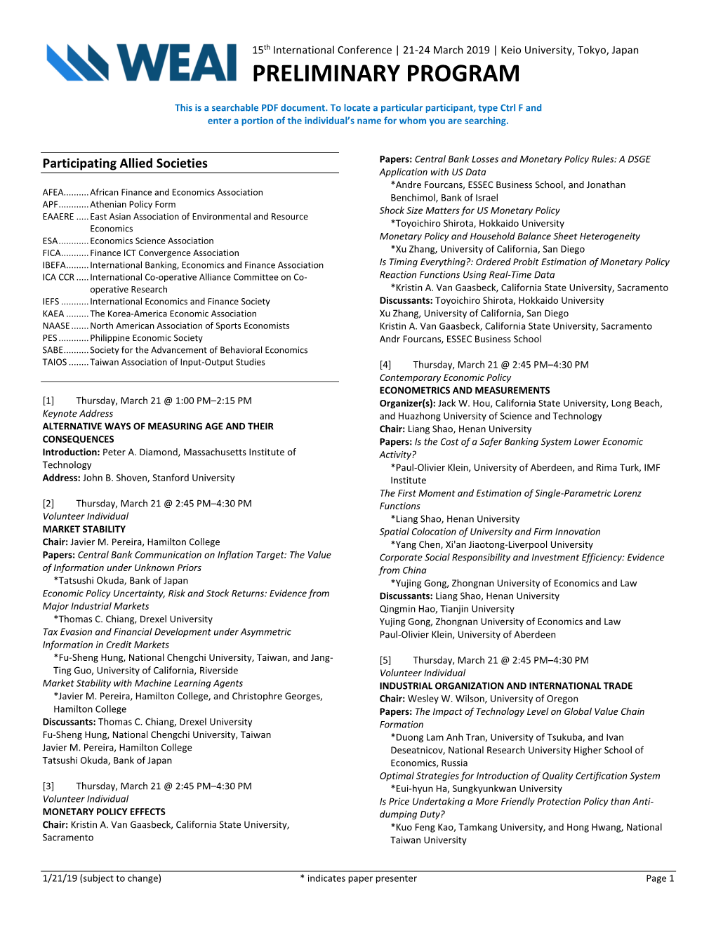 WEAI Tokyo Conference Preliminary Program 1.21.19