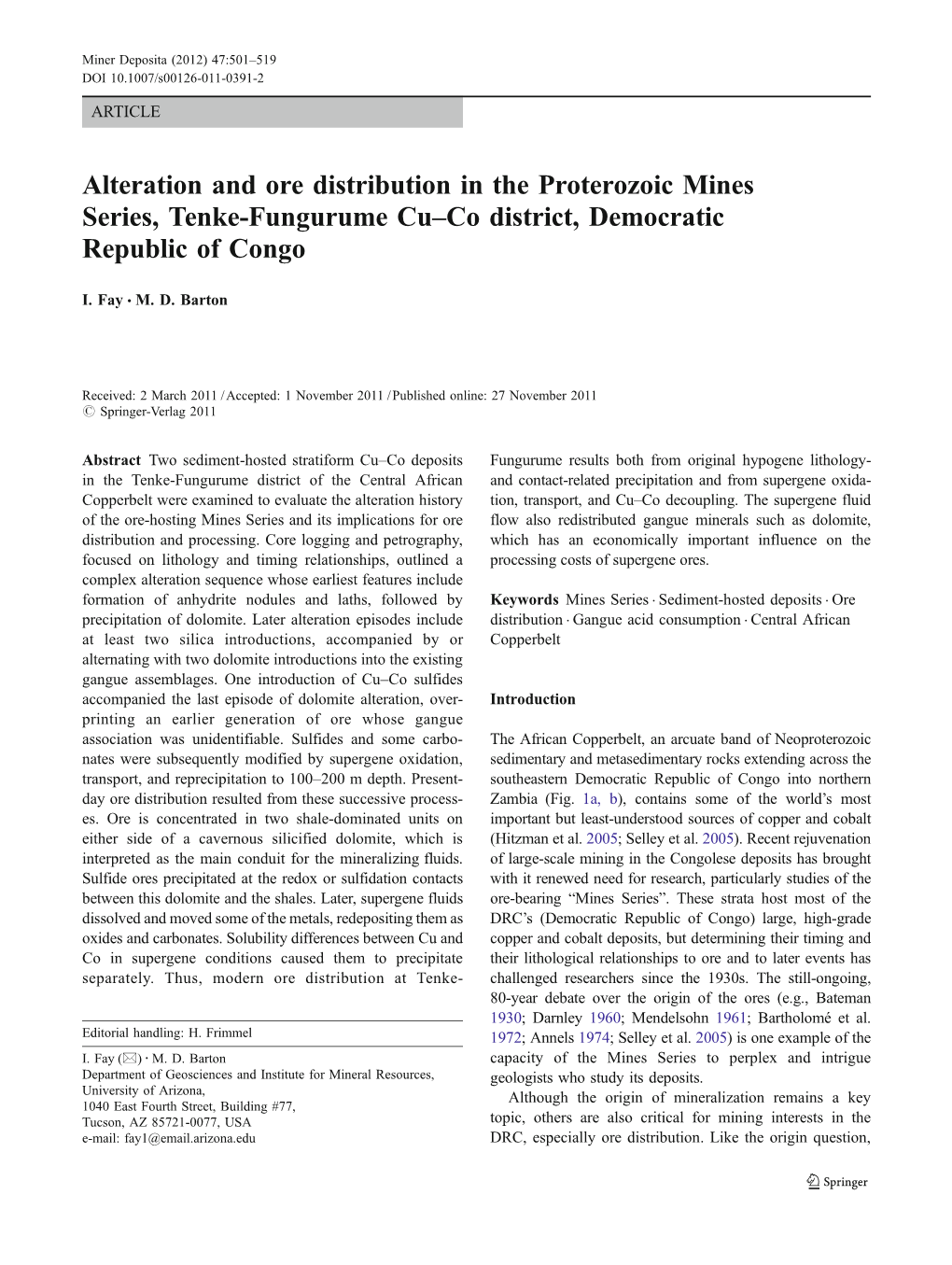 Alteration and Ore Distribution in the Proterozoic Mines Series, Tenke-Fungurume Cu–Co District, Democratic Republic of Congo