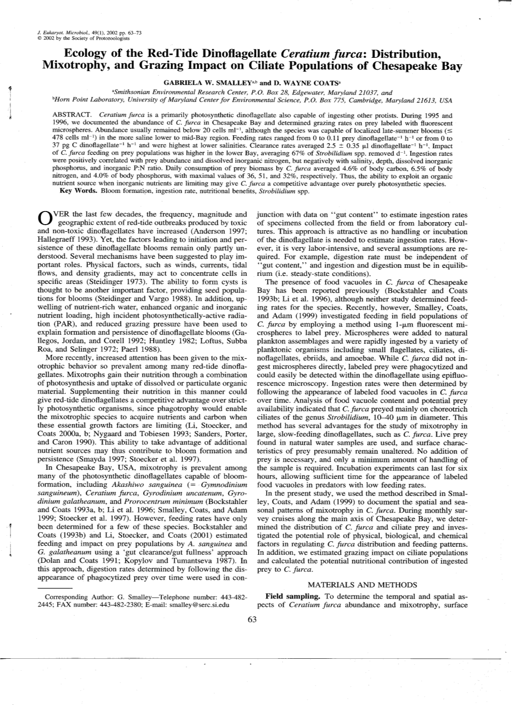 Ecology of the Red-Tide Dinoflagellate Ceratium Furca: Distribution, Mixotrophy, and Grazing Impact on Ciliate Populations of Chesapeake Bay