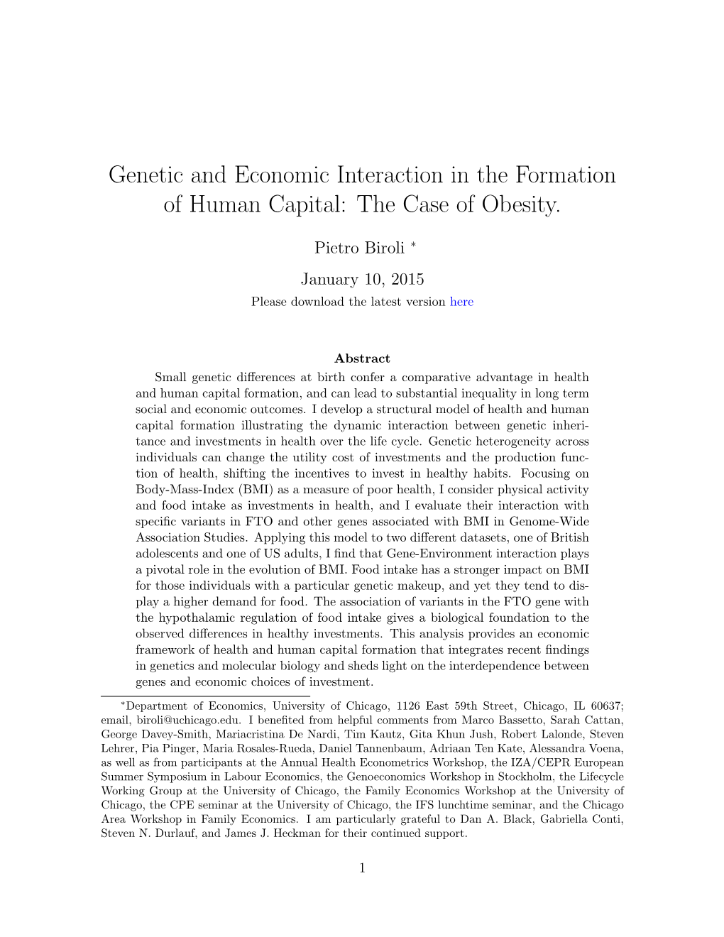 Genetic and Economic Interaction in the Formation of Human Capital: the Case of Obesity