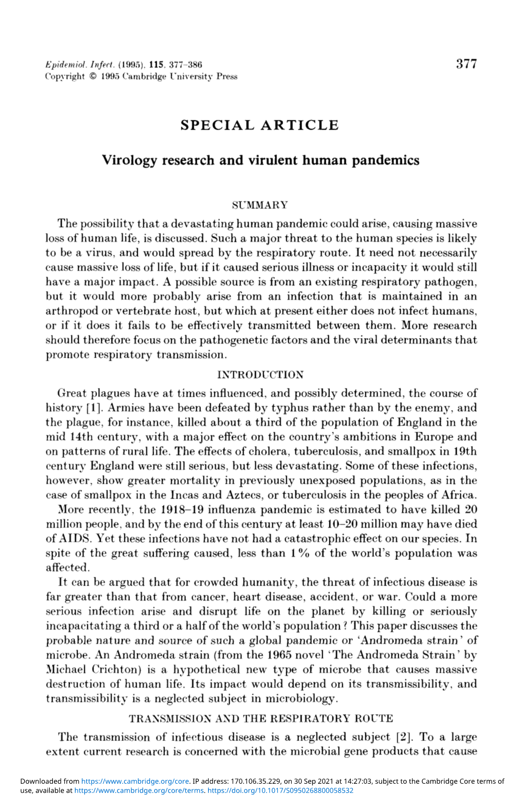 Virology Research and Virulent Human Pandemics