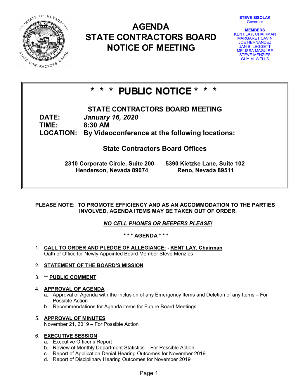 Agenda State Contractors Board Notice of Meeting