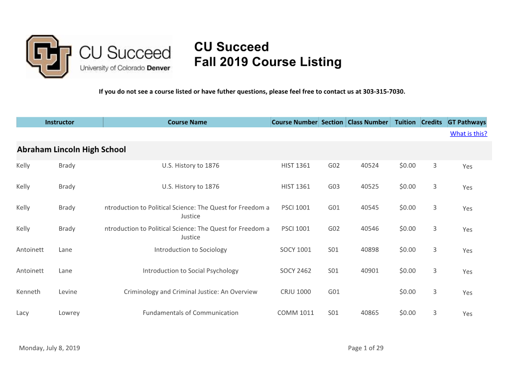 CU Succeed Fall 2019 Course Listing