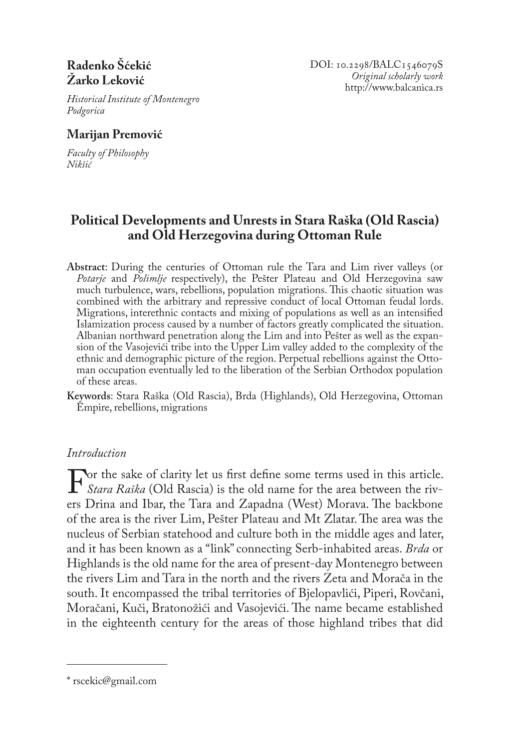 Political Developments and Unrests in Stara Raška (Old Rascia) and Old Herzegovina During Ottoman Rule