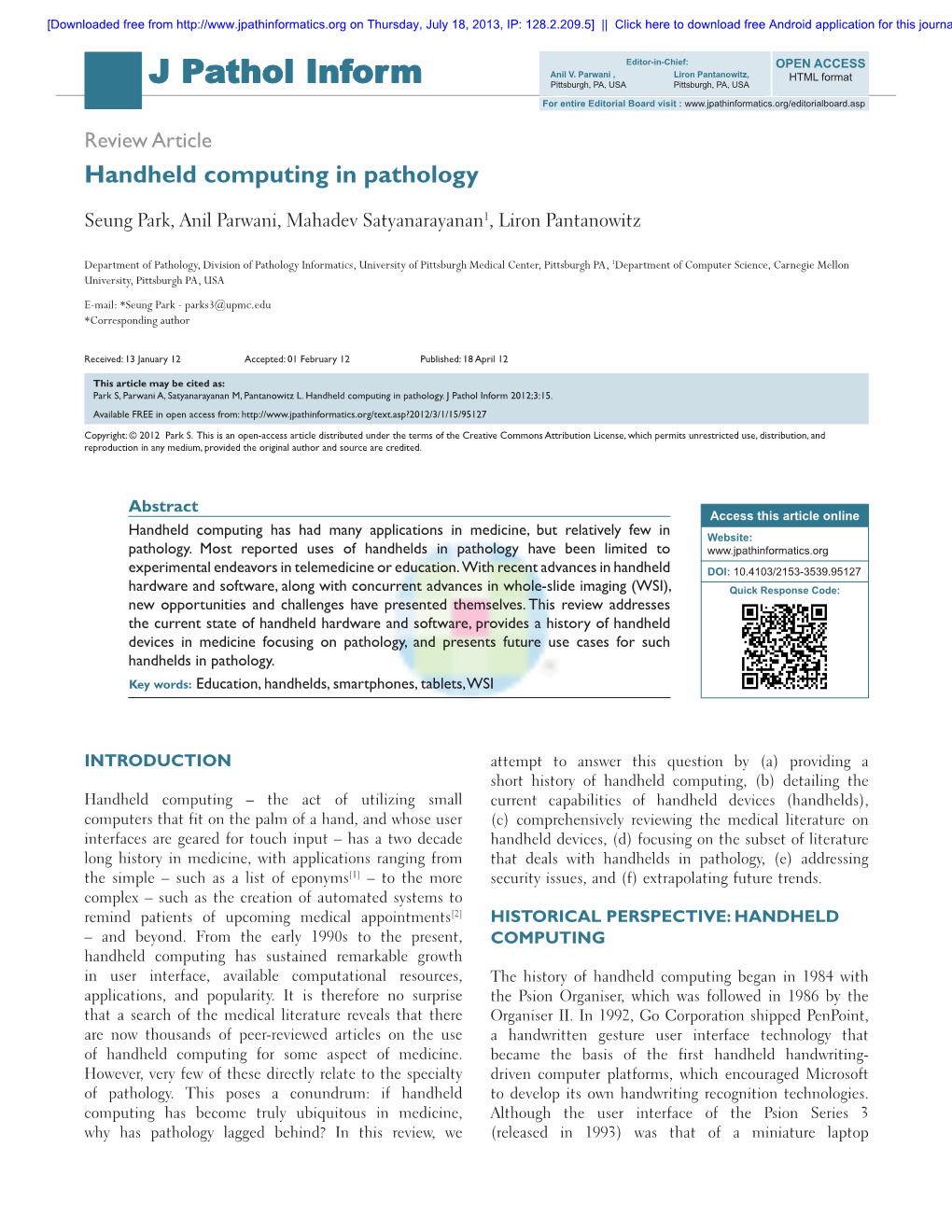 Handheld Computing in Pathology