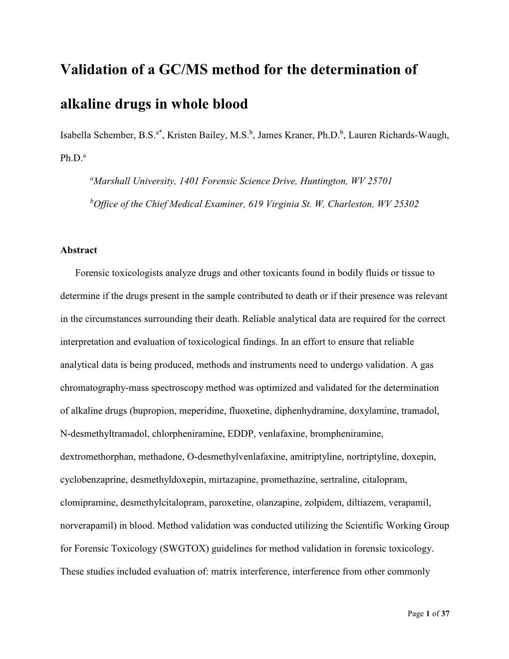 Validation of a GC/MS Method for the Determination of Alkaline Drugs in Whole Blood